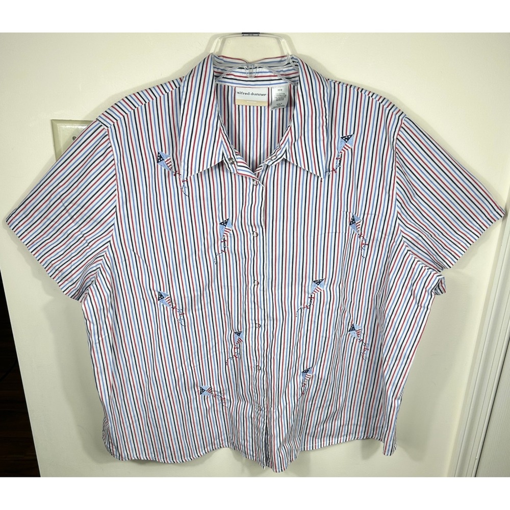 VTG‎ 90s Alfred Dunner Patriotic Shirt Womens 22W Striped Embroidered Kites Boxy